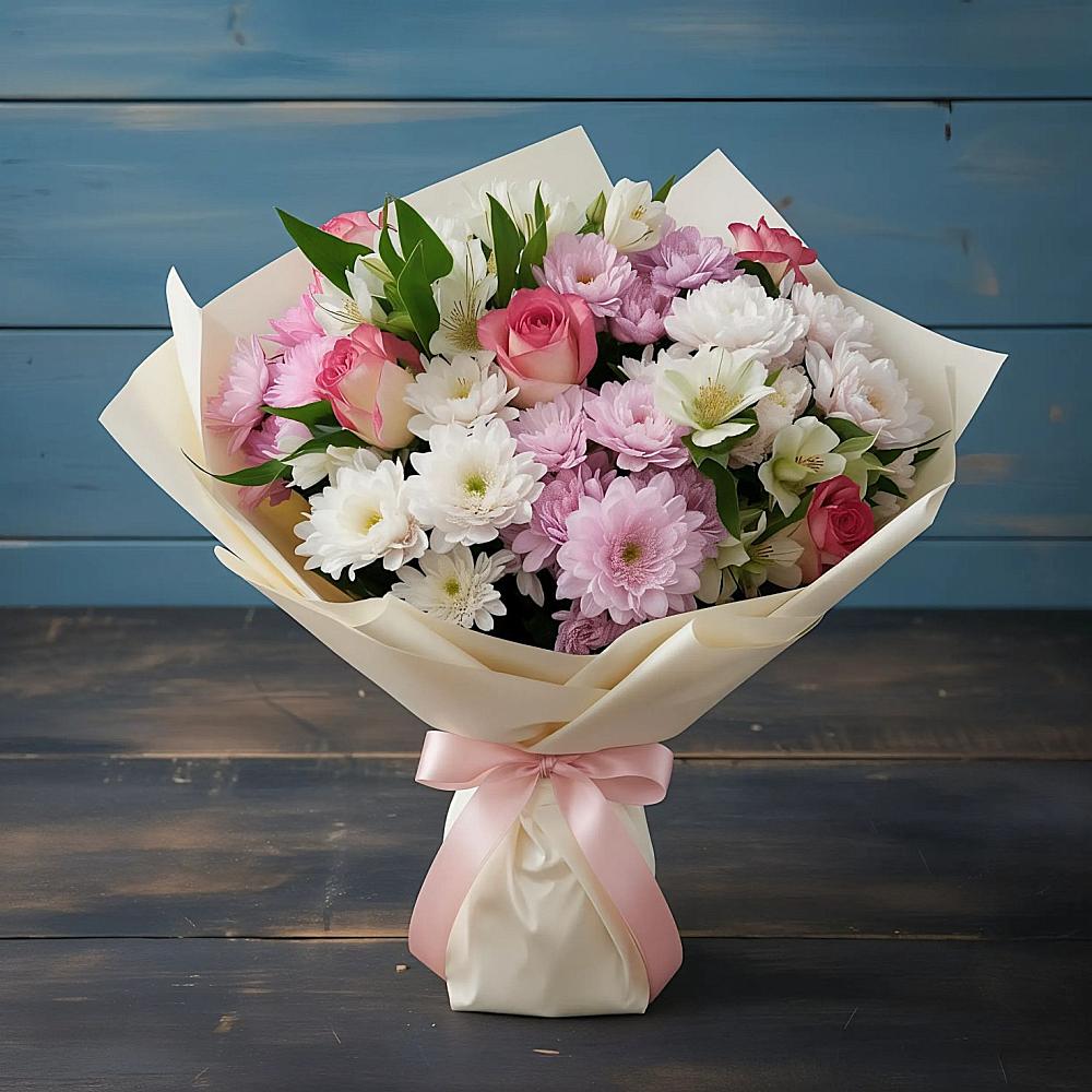 Букет цветов из: Хризантемы, Альстромерии и Розы во Фряново